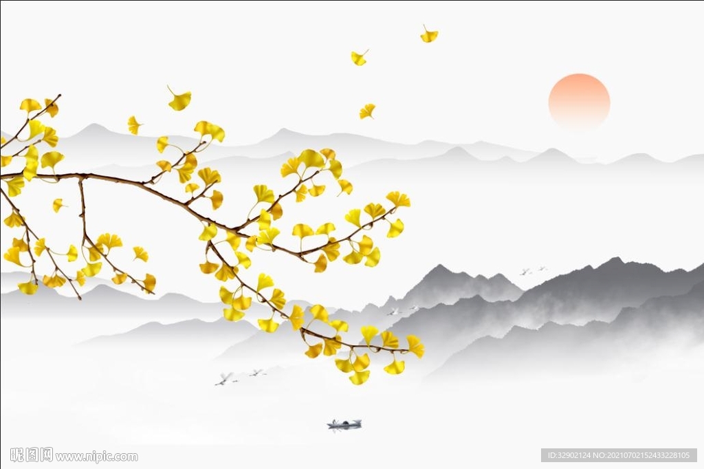 山水花鸟银杏江山如画背景墙