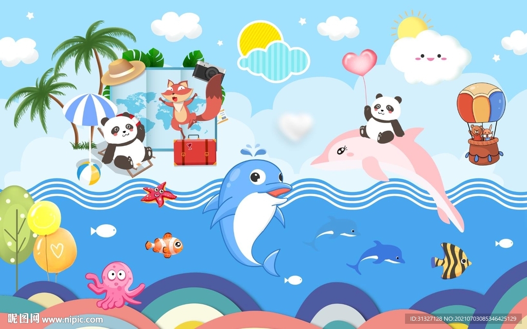 卡通海豚表演背景墙
