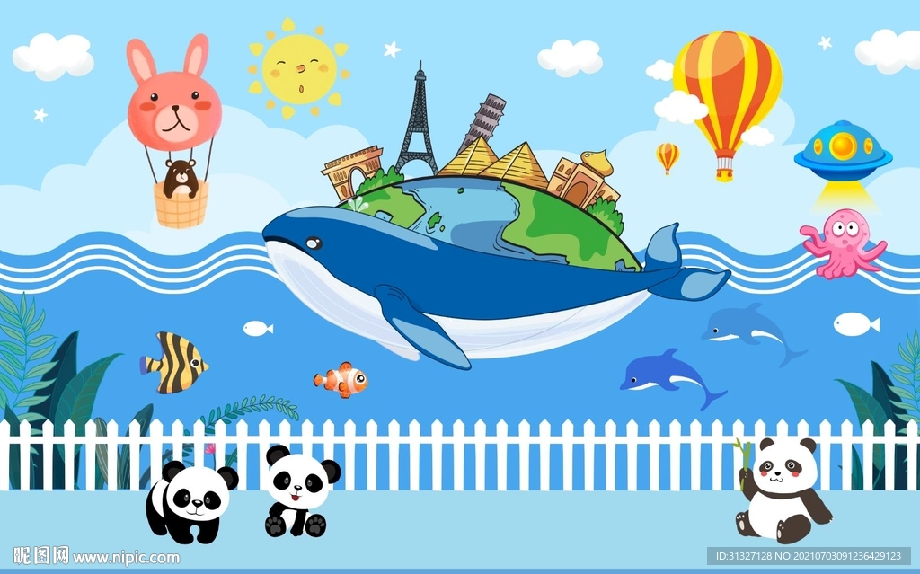 卡通水上城市海豚背景墙