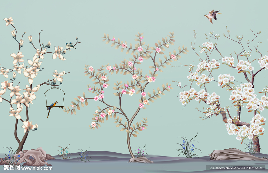 鸟语花香三联画