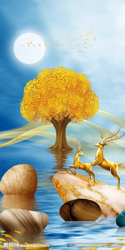 发财鹿玄关装饰画