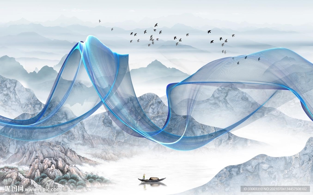 抽象飘带新中式山水背景墙