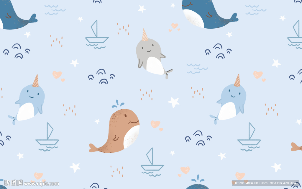 简约手绘蓝色海洋生物背景墙
