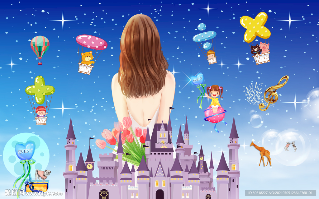 北欧手绘卡通儿童房背景墙