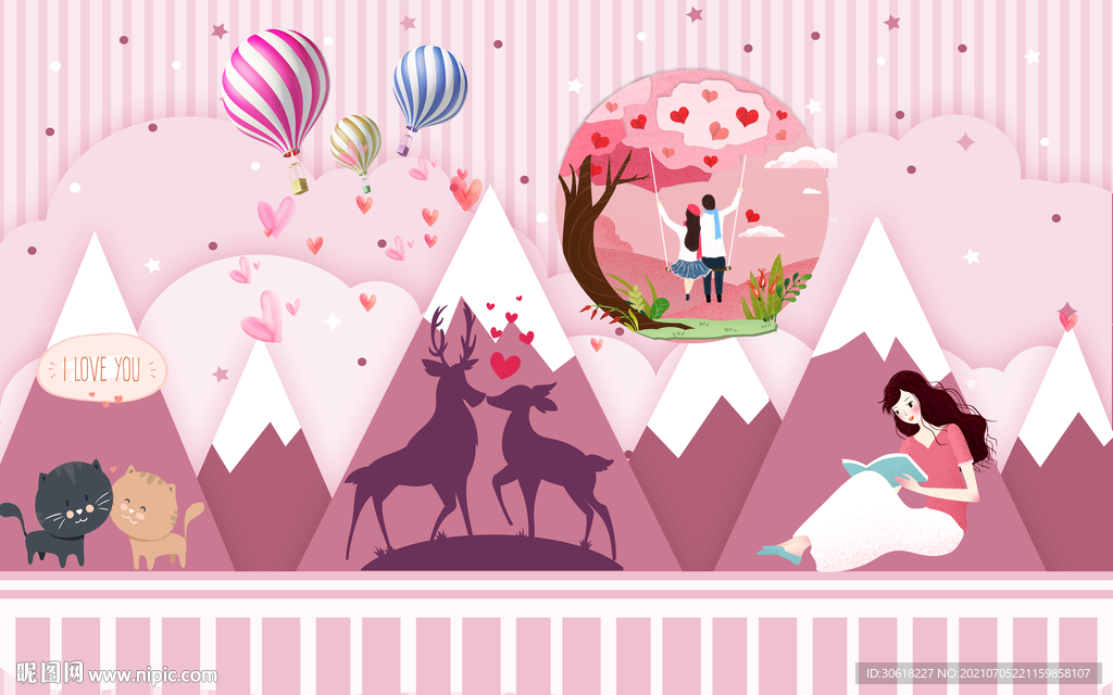 北欧手绘卡通儿童房背景墙