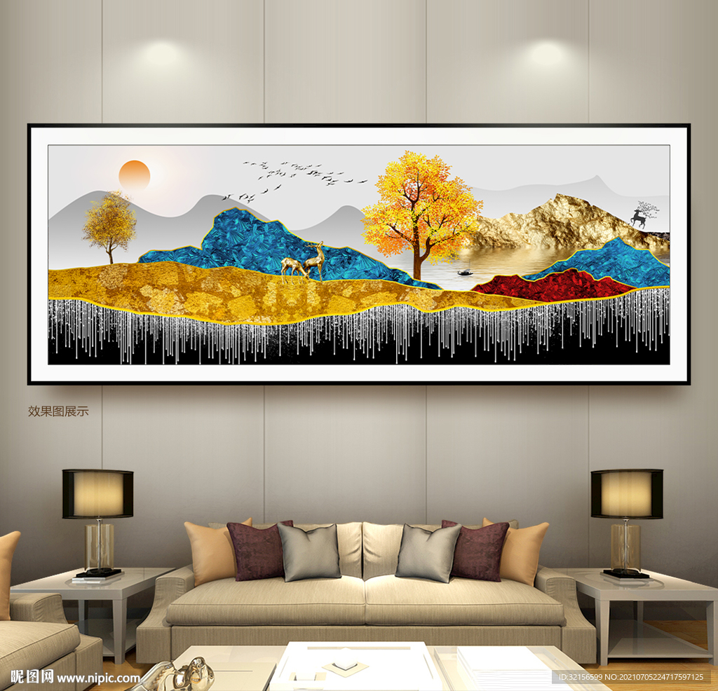 新中式山水金色麋鹿装饰画