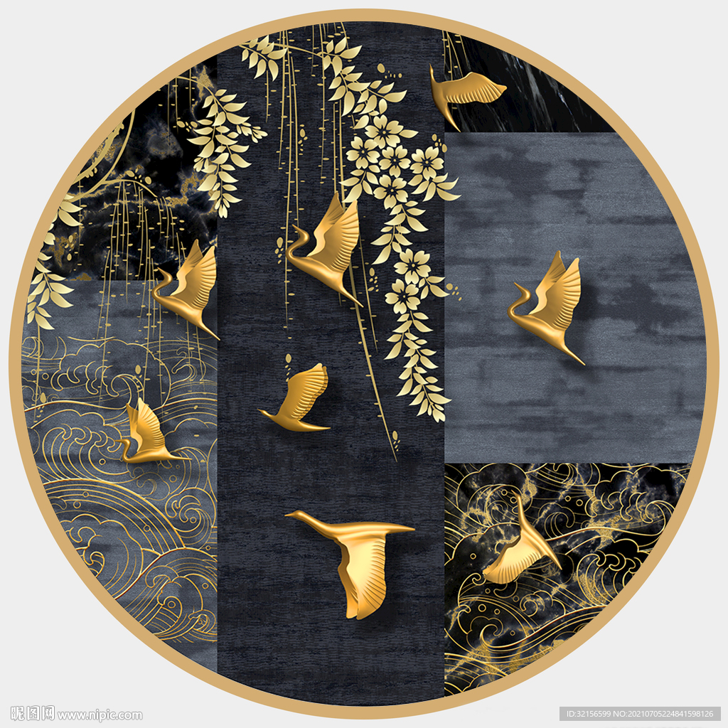 新中式山水金色飞鸟圆形装饰画