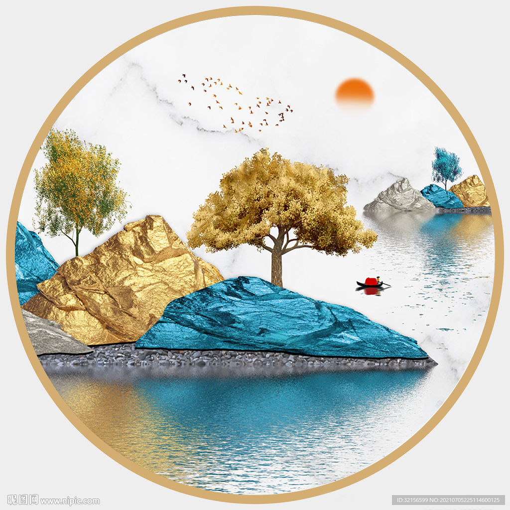 新中式山水圆形装饰画