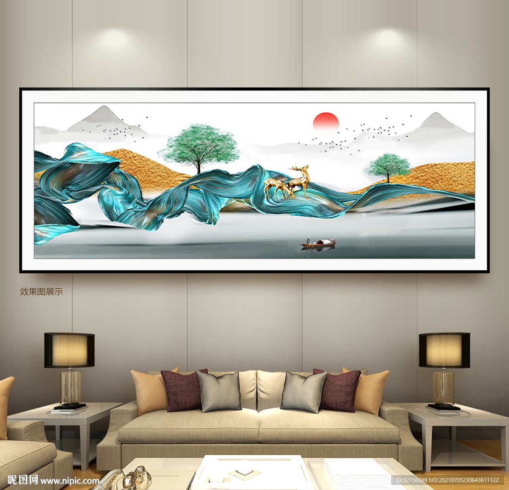 意境水墨麋鹿山水装饰画