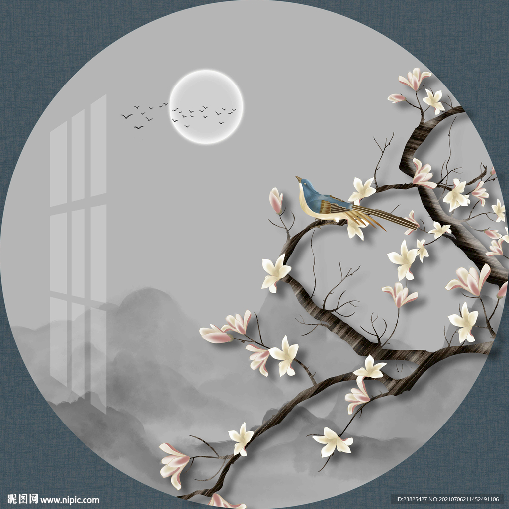 新中式手绘玉兰花鸟圆形装饰画