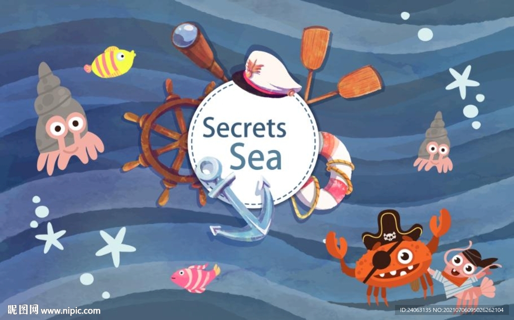 海盗装扮海洋动物海洋世界壁画