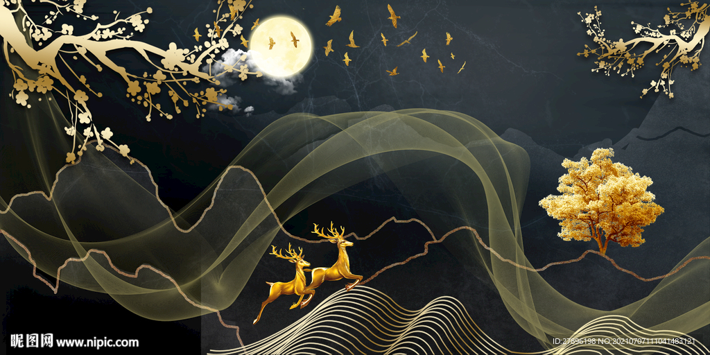 新中式烟雾山水麋鹿背景