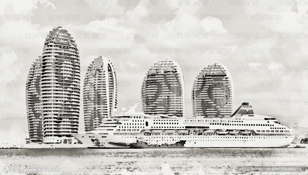 海南三亚凤凰岛酒店建筑游艇手绘
