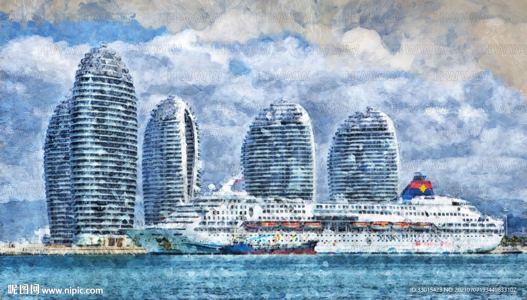 海南三亚凤凰岛酒店建筑游艇手绘