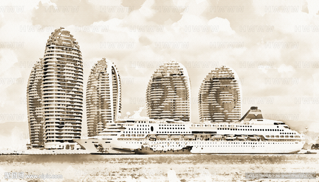 海南三亚凤凰岛酒店建筑游艇手绘