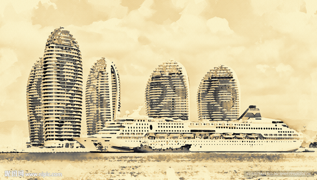 海南三亚凤凰岛酒店建筑游艇手绘