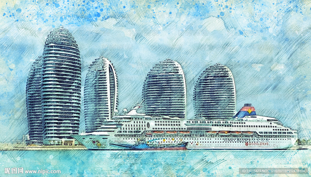 海南三亚凤凰岛酒店建筑游艇手绘