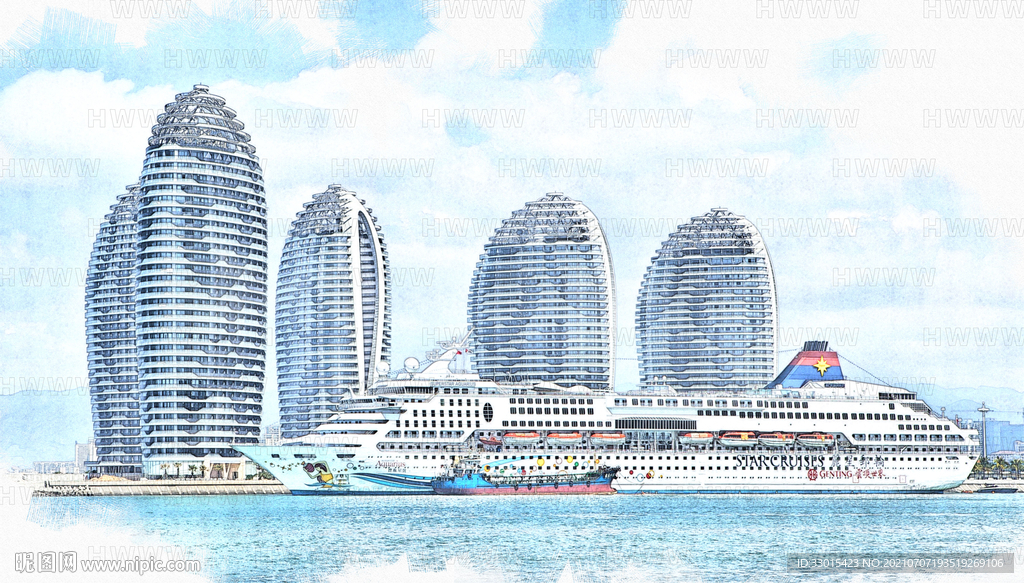 海南三亚凤凰岛酒店建筑游艇手绘