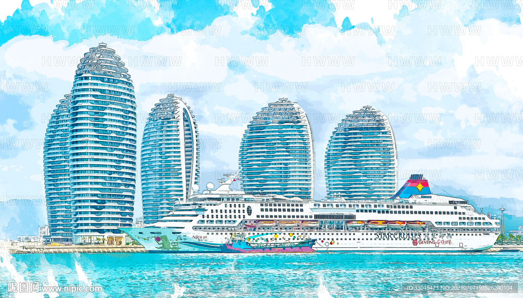海南三亚凤凰岛酒店建筑游艇手绘