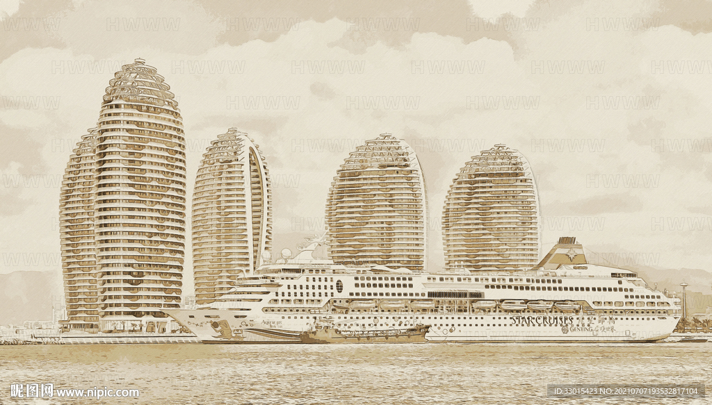 海南三亚凤凰岛酒店建筑游艇手绘