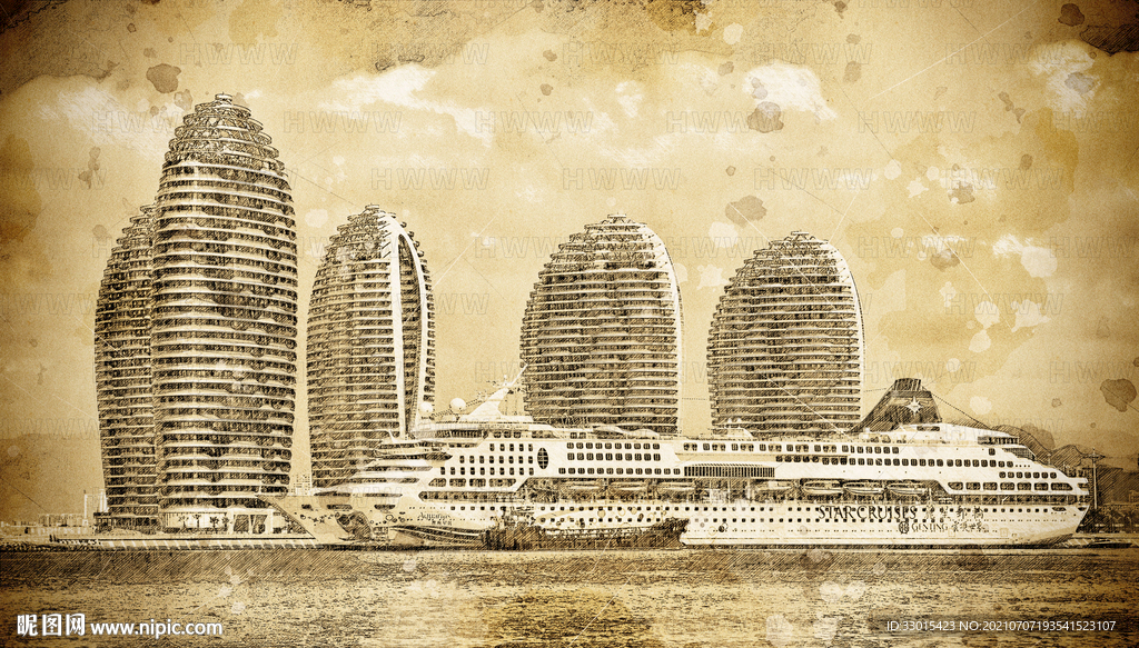 海南三亚凤凰岛酒店建筑素描手绘
