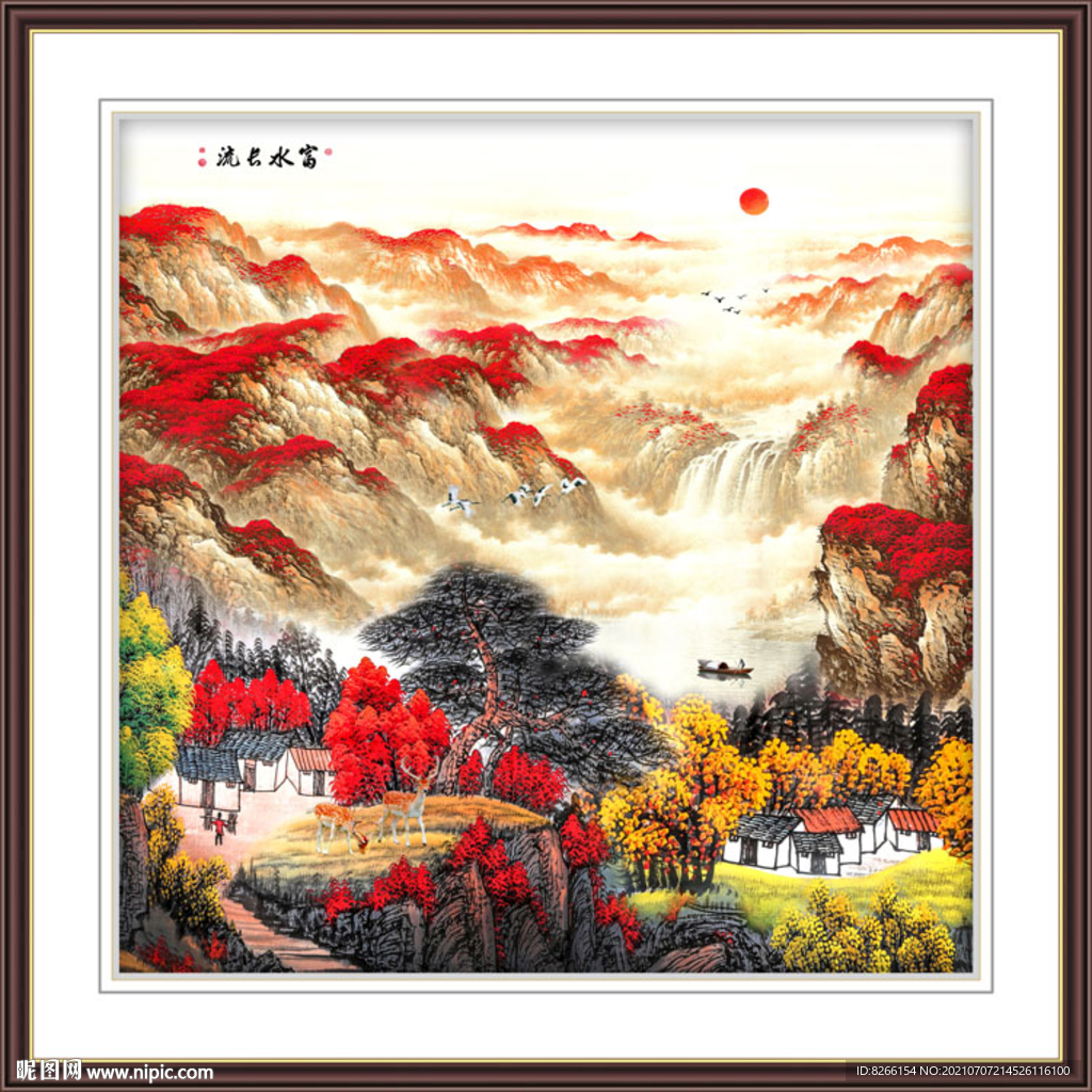 富水长流国画山水背景墙