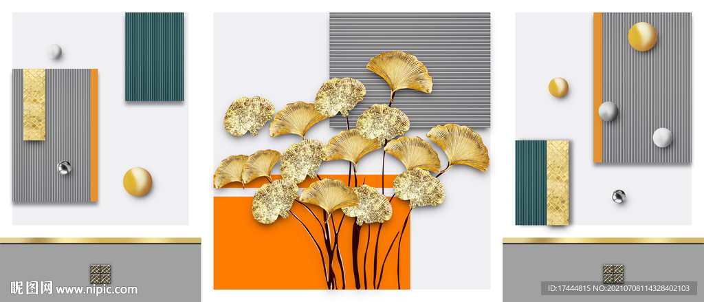 金色银杏叶几何三联客厅装饰画