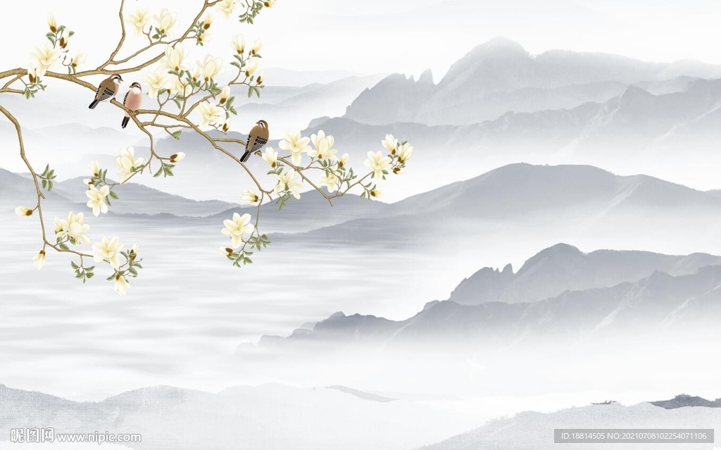 兰花花鸟新中式电视背景墙