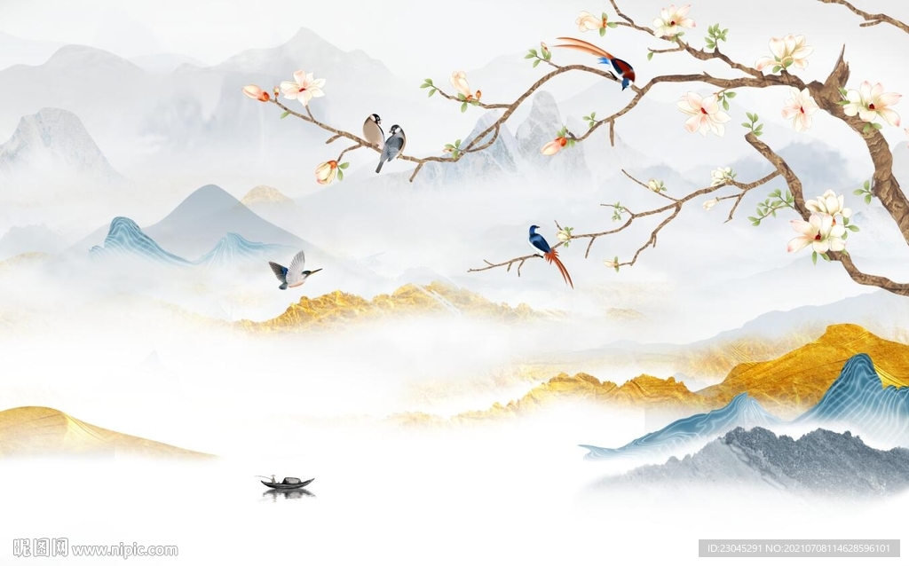 鸟语花香中式电视背景墙