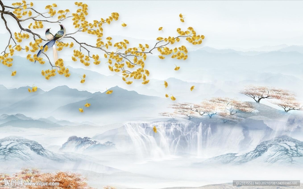 高山流水花鸟电视背景墙