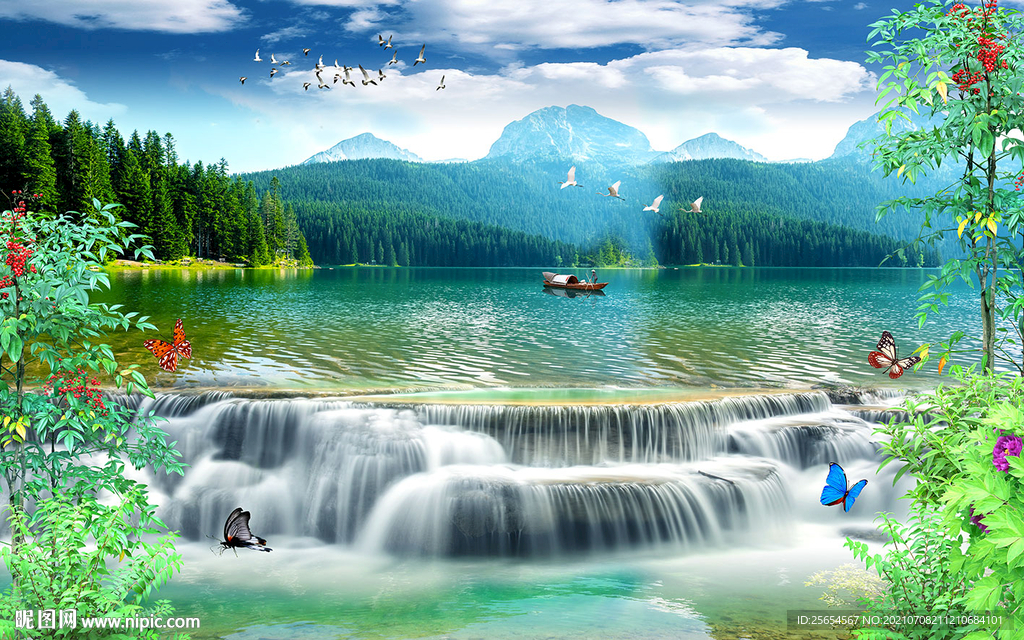 青山绿水瀑布风景画