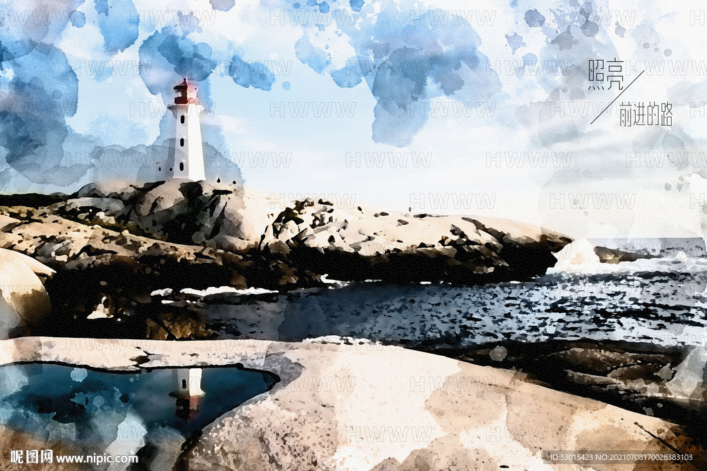 海边灯塔礁石天空手绘素描装饰画