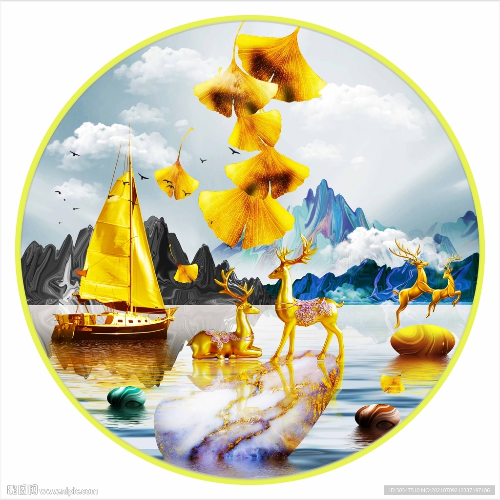 轻奢金色银杏麋鹿一帆风顺装饰画