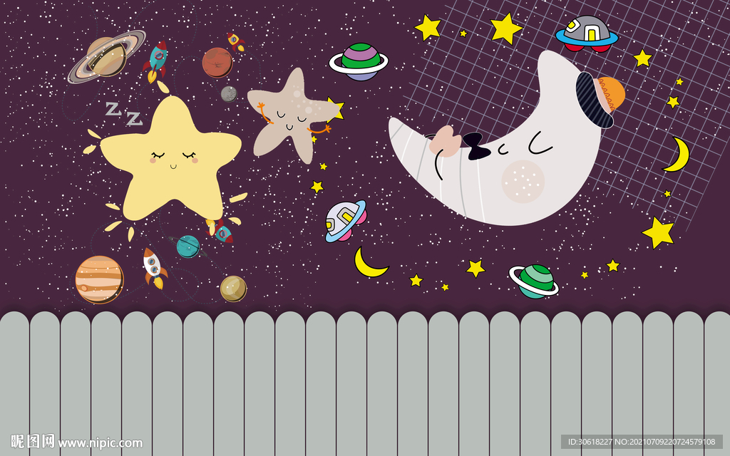 北欧手绘卡通儿童房背景墙