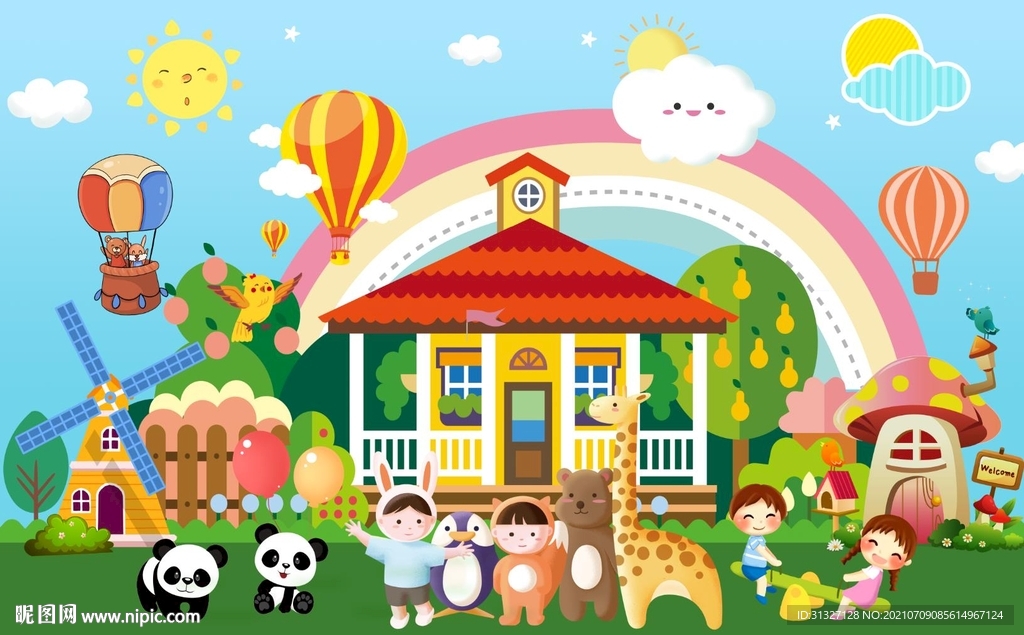 卡通彩虹动物乐园背景墙