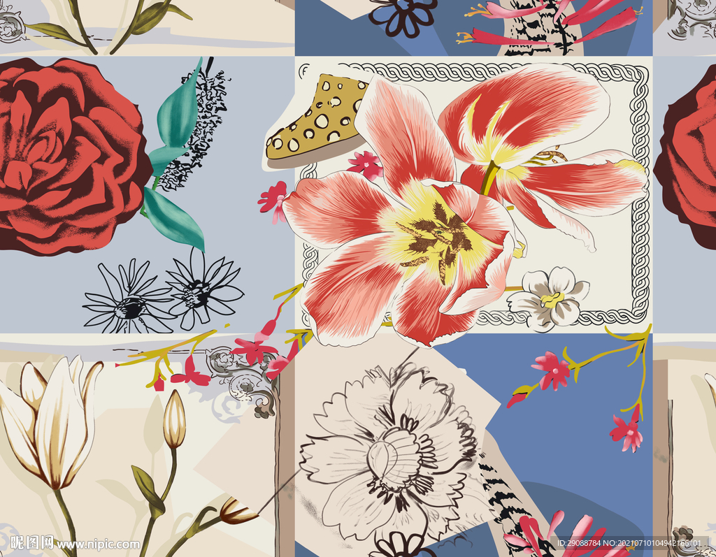 大牌花 数码印花 方巾