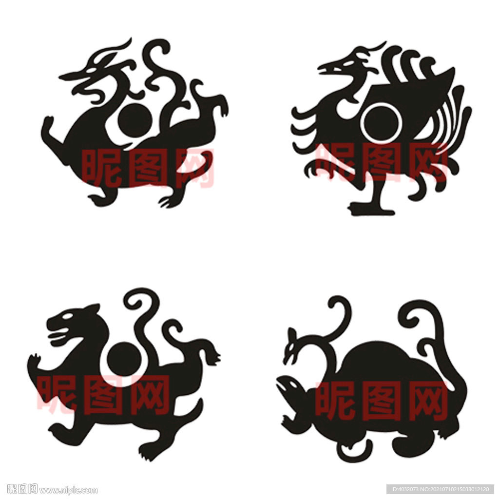 古典四大神兽雕刻矢量图