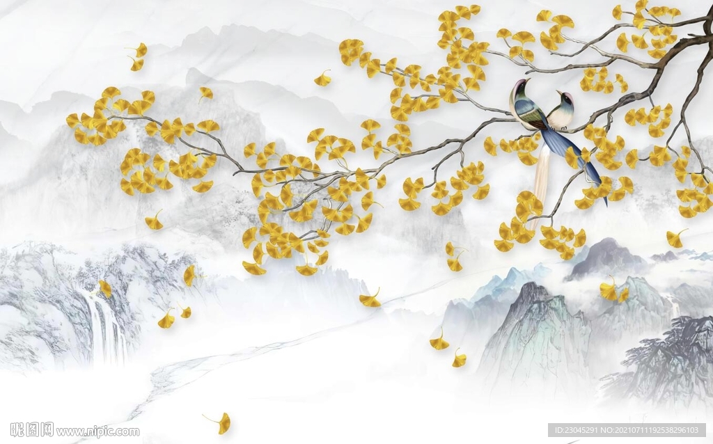 花鸟新中式背景墙