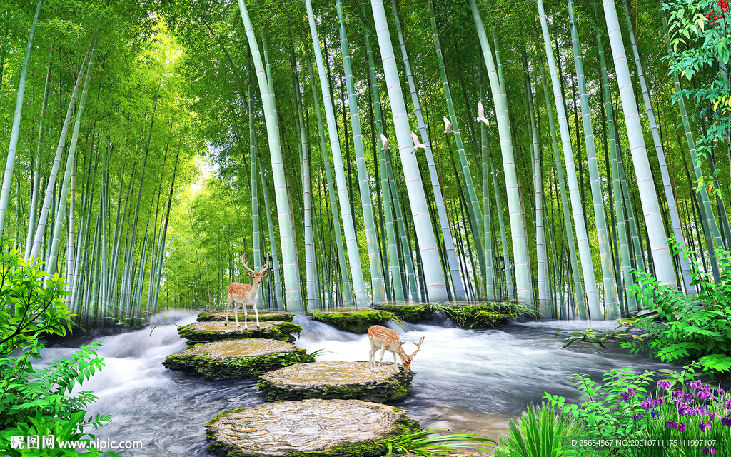 流水小溪竹林背景墙