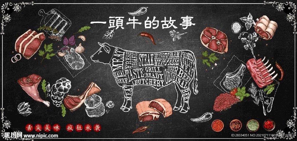 黑板一头牛的故事餐饮背景墙壁画