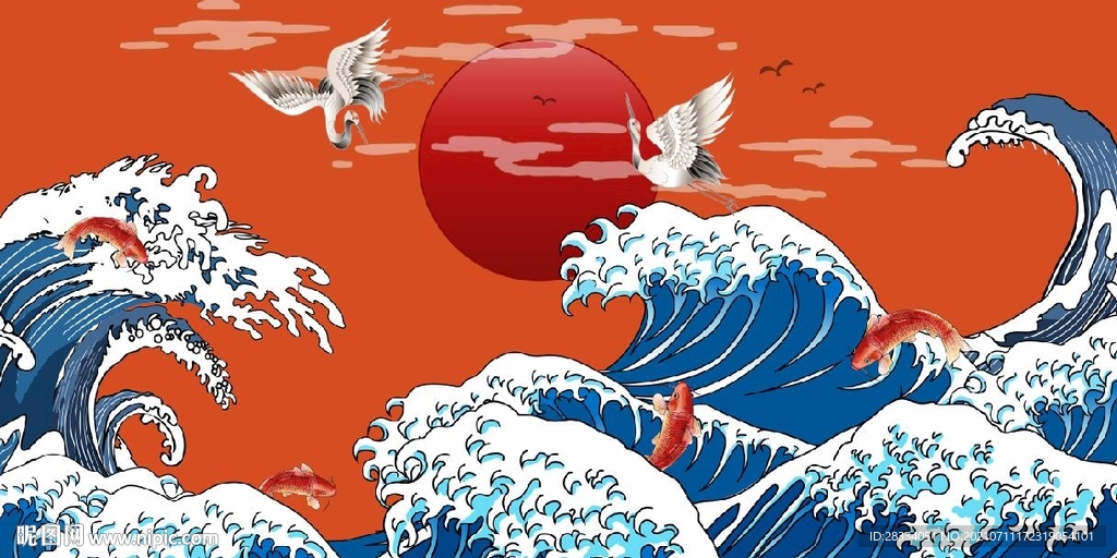 国风潮浮世绘大海红日餐饮背景墙