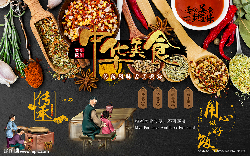 中华美食餐厅工装背景墙