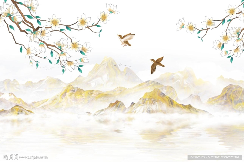 工笔花鸟金色山水中式背景墙