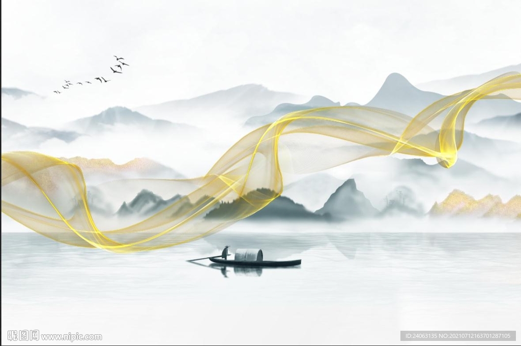 金箔山水曲线丝绸水墨画江南