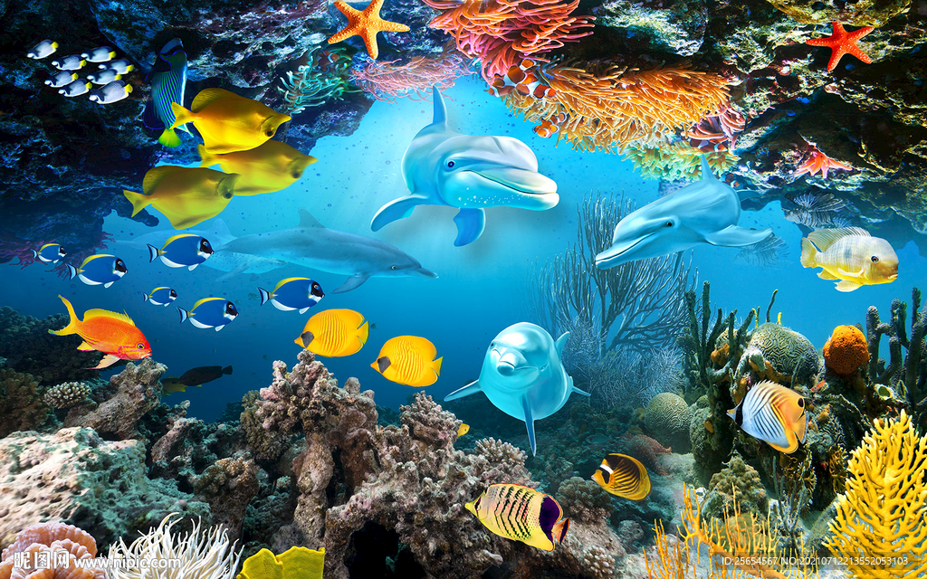 海豚海底世界3D背景墙
