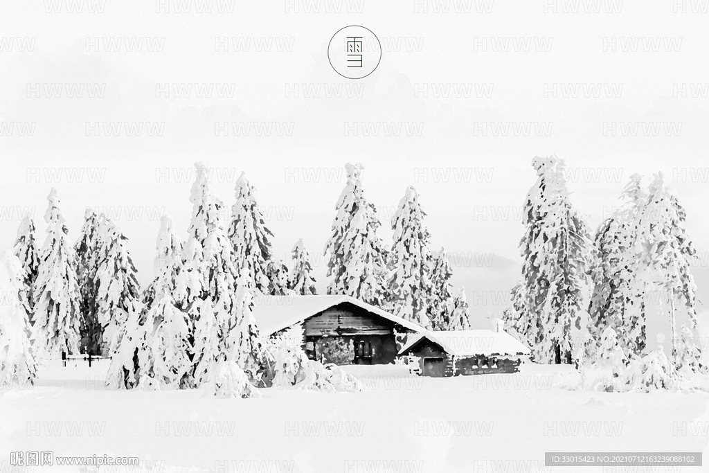 雪景雪松房子唯美手绘插画背景