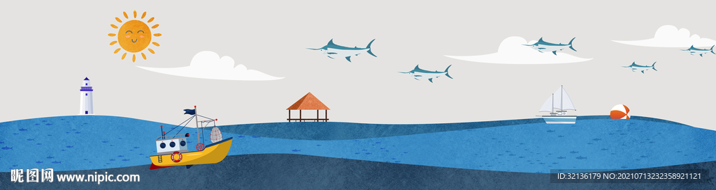 手绘大海帆船装饰画