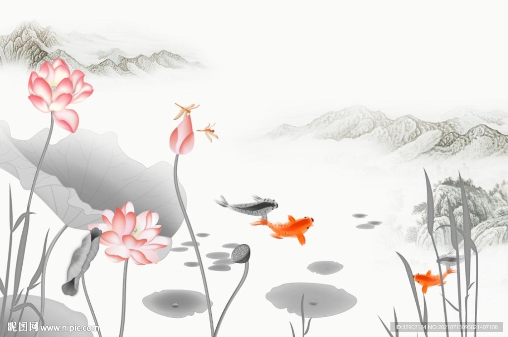 荷花爱莲说简约中式山水背景墙