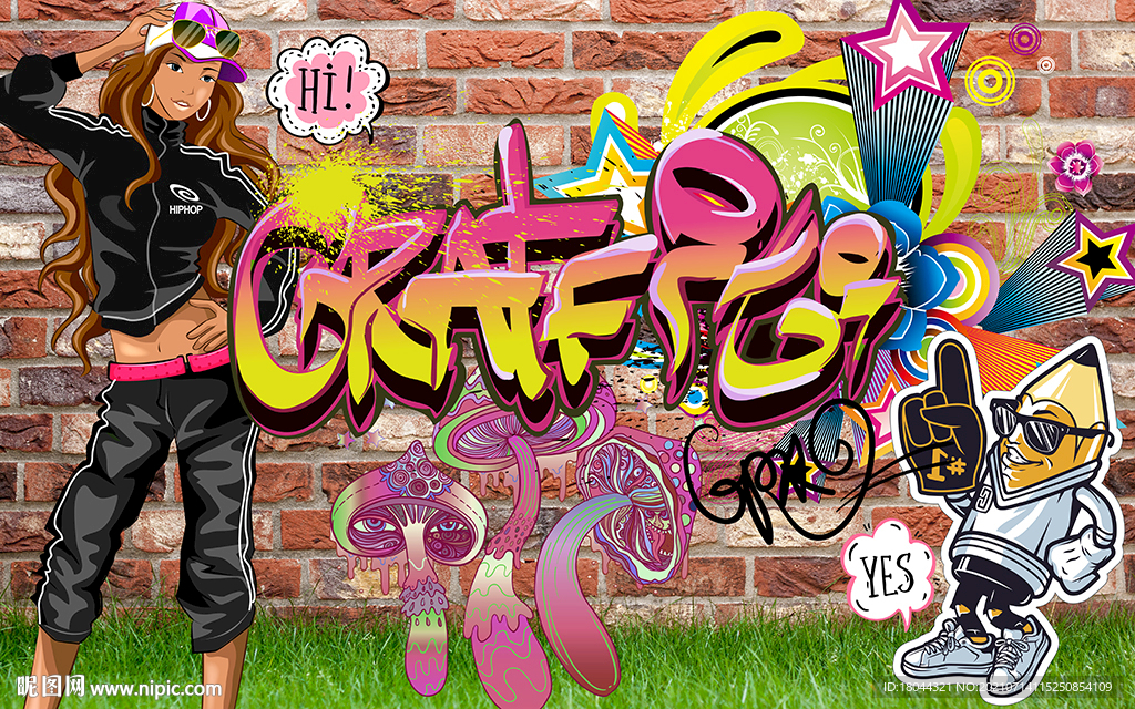 美女嘻哈街头涂鸦工装背景墙
