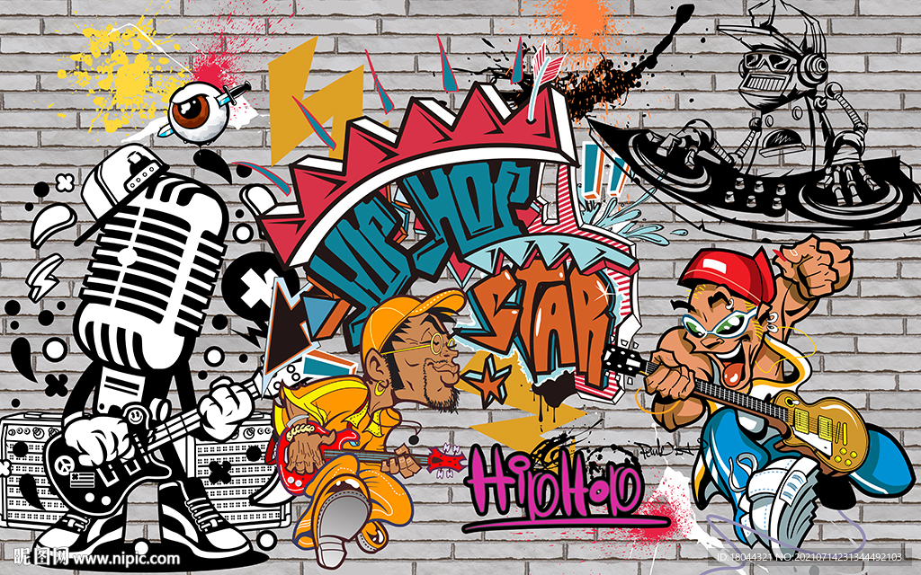 灰色砖墙涂鸦音乐工装背景墙